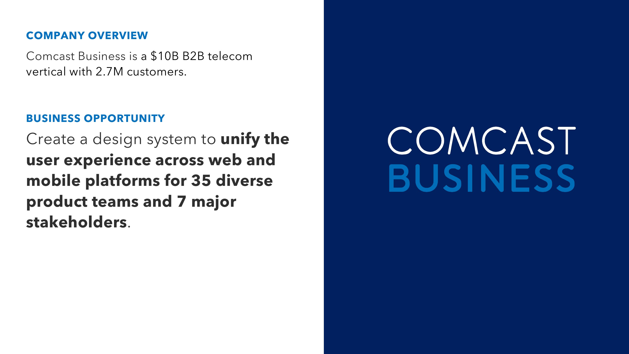 Comcast Business case study introduction describing a unified design system for web and mobile
